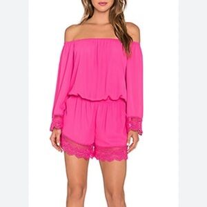 VaVa By Joy Han Pia Pink Off The Shoulder Crochet Lace Trim Romper S Resort